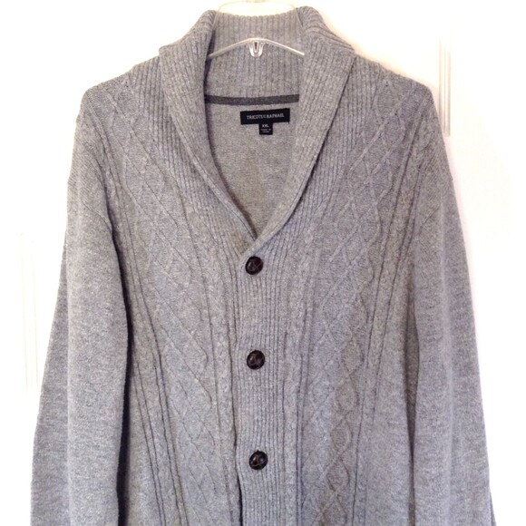 Tricots Cardigan Sweater Men 2XL Gray Cable Knit Shawl Collar Academia Heritage - Picture 3 of 12